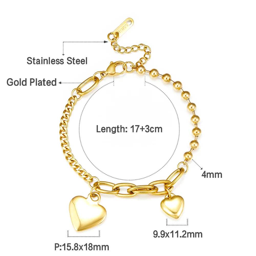LUXUSTEEL Stainless Steel Heart Coin Charm Bracelet for Women Girl Golden Color Cuban Link Chain Bracelet Jewelry Gift 20cm