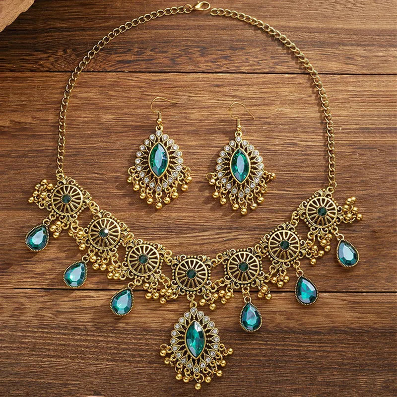 Ethnic Vintage Jewelry Set Resin Stone Jewelry Sets Hollow Metal Water Drop Pendant Necklace Earrings Set For Women Gift Jewelry