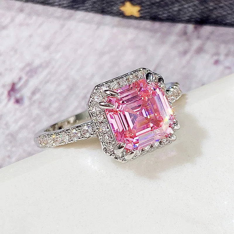 Luxury Fashion Pink Zirconia Engagement/wedding Rings for Women Trendy Sweet and Romantic Anniversary Jewelry Accessories