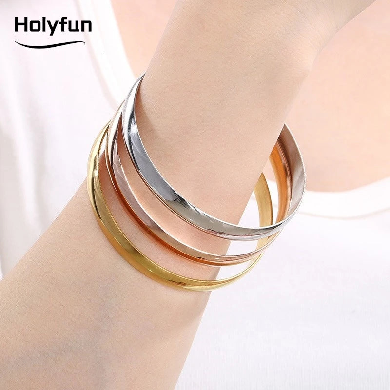 Holyfun 60mm Waterproof 316L Stainless Steel Round Smooth Bracelet Bangle Women Minimalist 18k Gold Color Texture Charm Jewelry