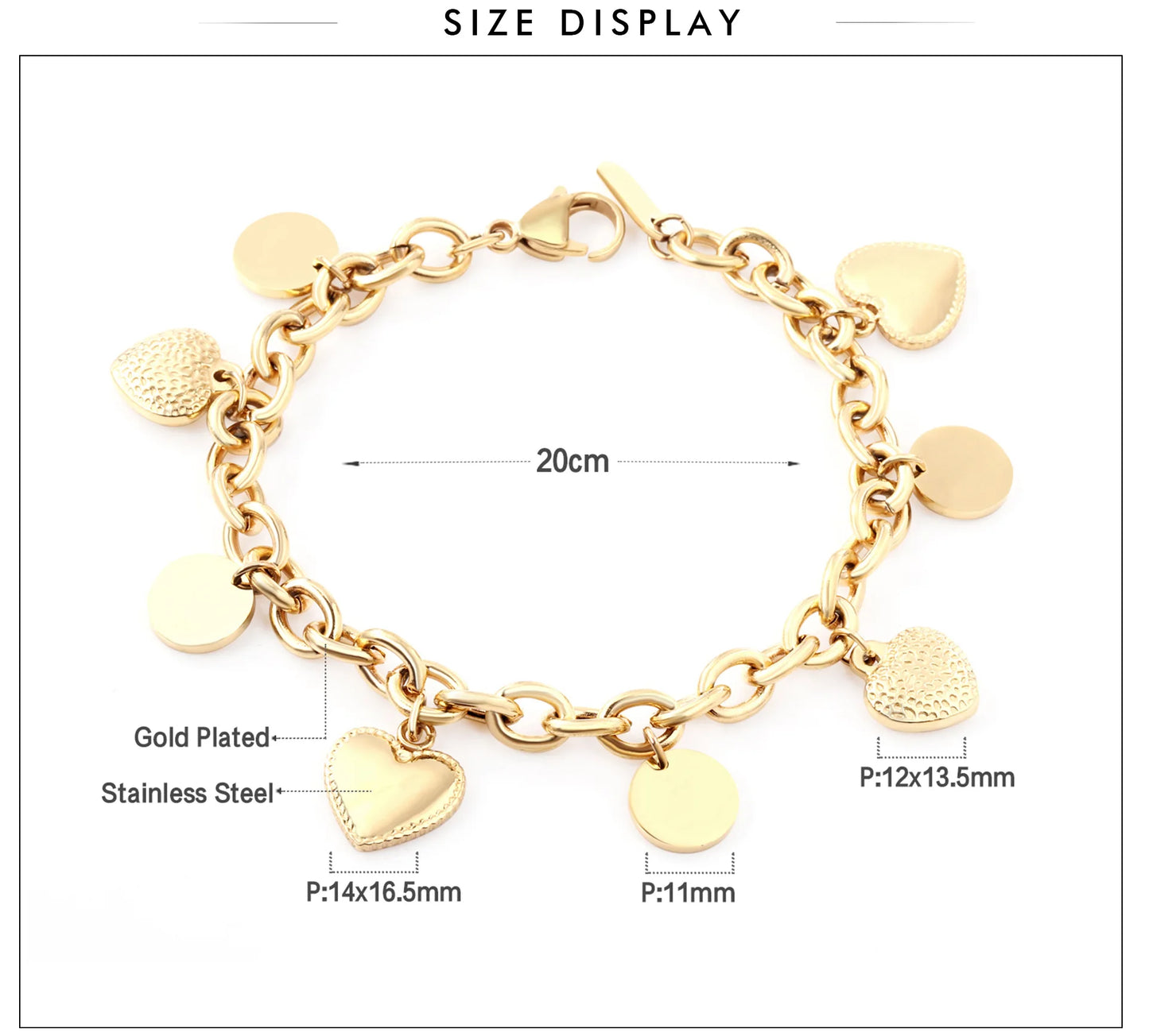 LUXUSTEEL Stainless Steel Heart Coin Charm Bracelet for Women Girl Golden Color Cuban Link Chain Bracelet Jewelry Gift 20cm
