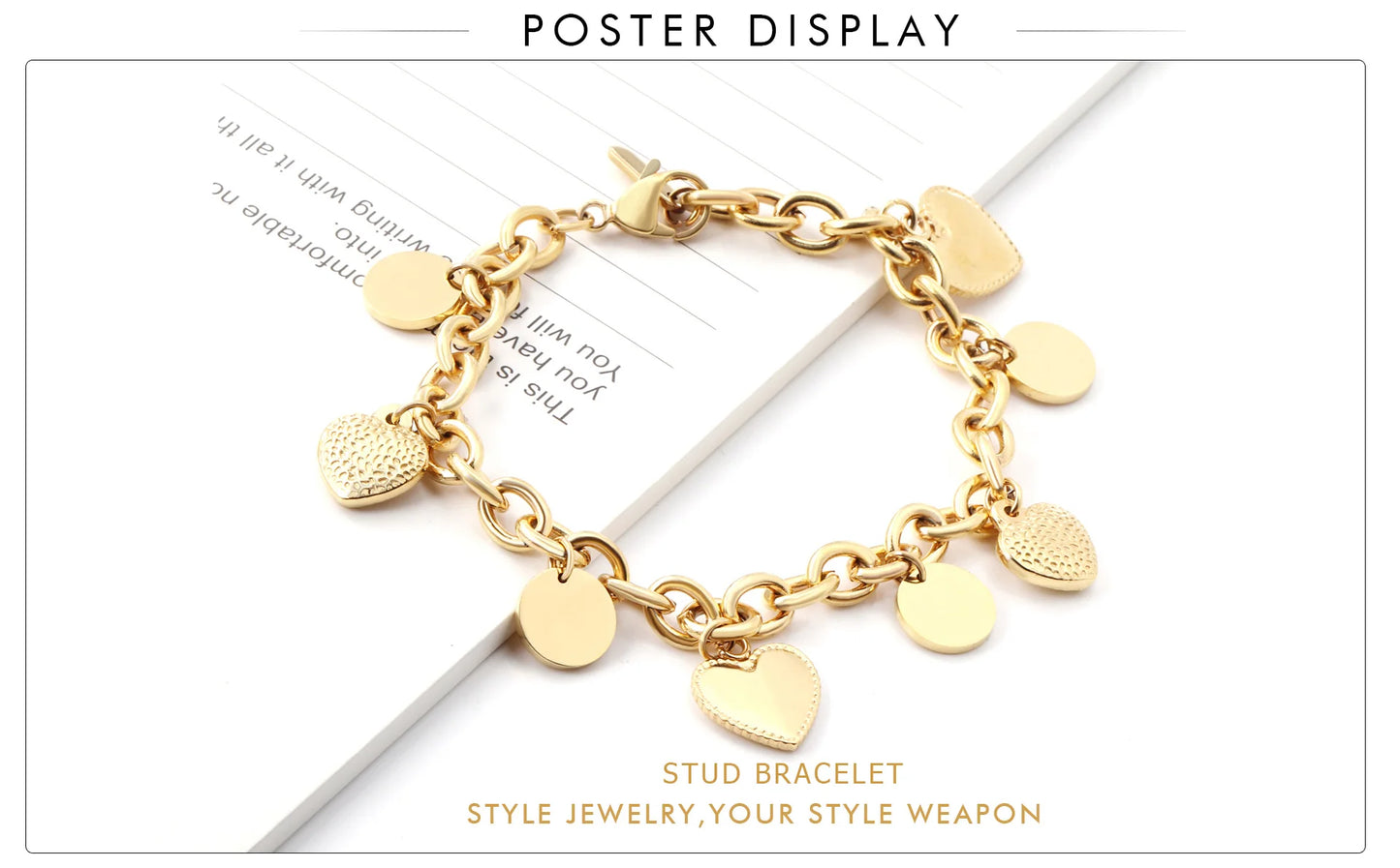 LUXUSTEEL Stainless Steel Heart Coin Charm Bracelet for Women Girl Golden Color Cuban Link Chain Bracelet Jewelry Gift 20cm