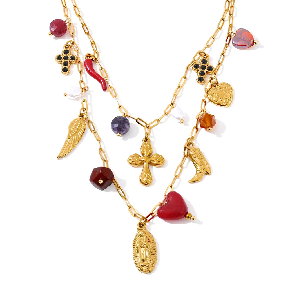 Yhpup Double-Layer Chain Heart Cross Religious Drop Stacking Charm Pendant Necklace 18K Golden Stainless Steel Statement Jewelry