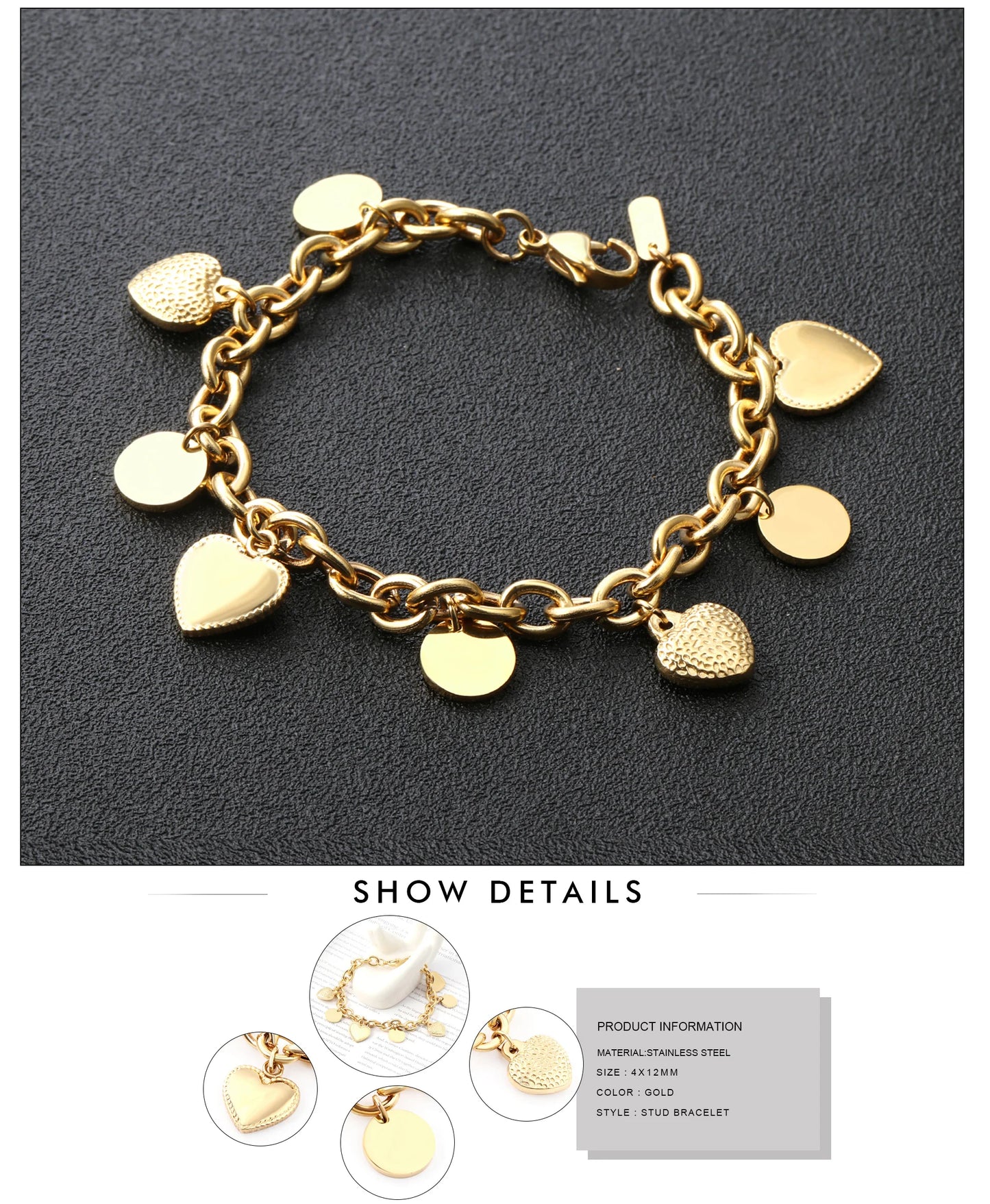 LUXUSTEEL Stainless Steel Heart Coin Charm Bracelet for Women Girl Golden Color Cuban Link Chain Bracelet Jewelry Gift 20cm