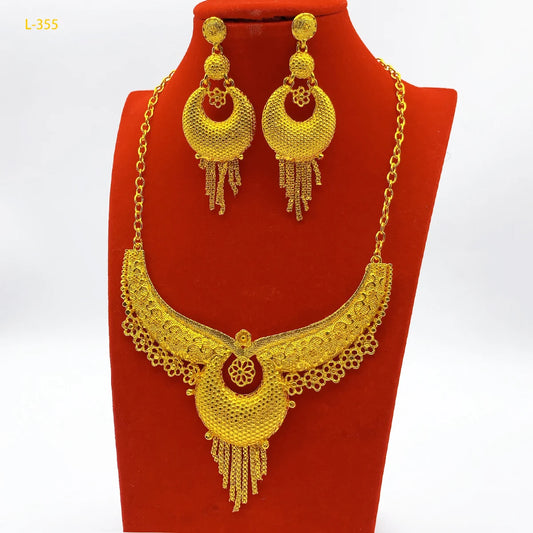 Indian Jewelry Set For Women 24K Gold Color Dubai African Nigeria Bridal Necklace Earrings Wedding Party Jewellery Gifts