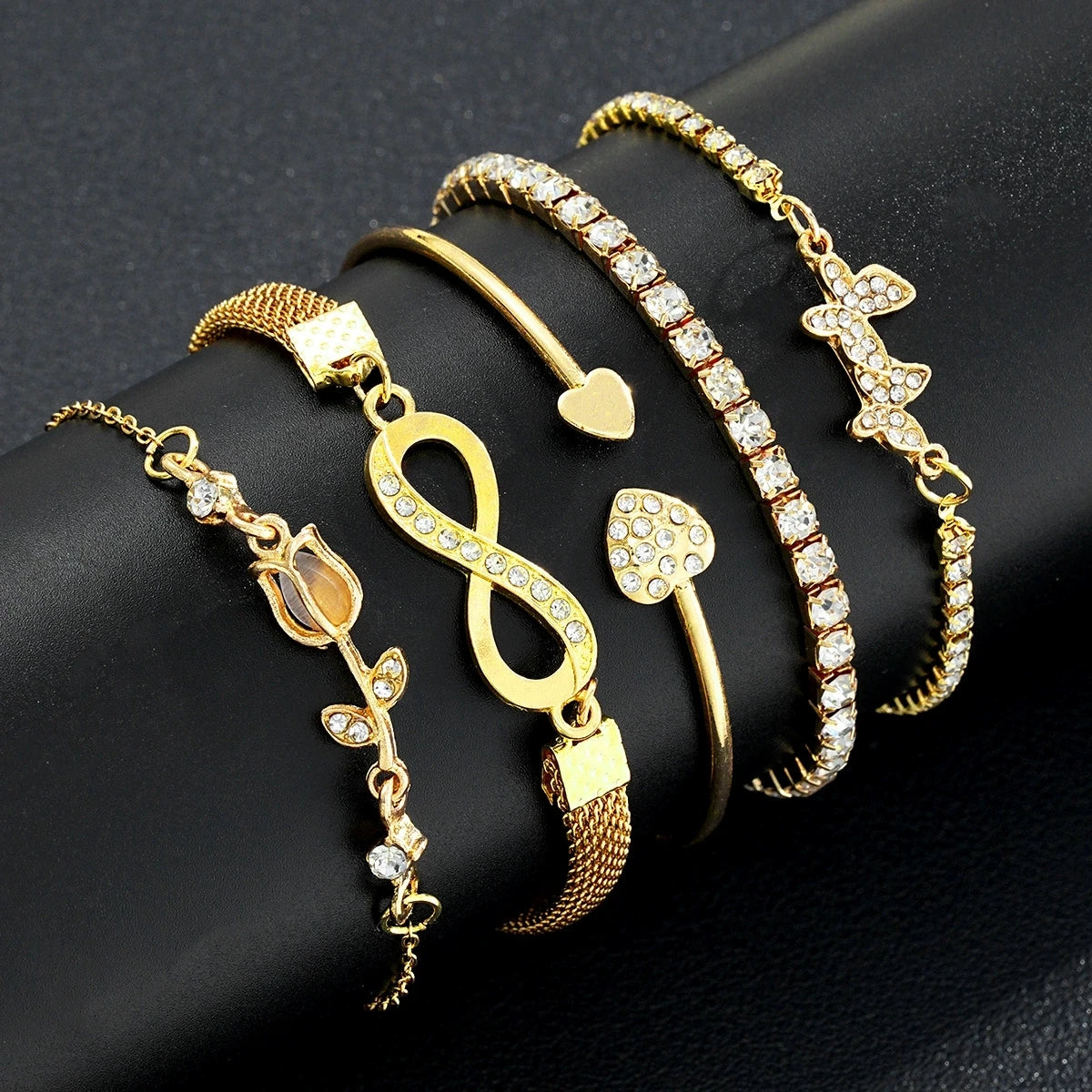 5Pcs Trendy Gold Color Bracelet Set For Women Tulip Butterfly Heart Infinity Charm Tennis Chain Bangle Female Party Jewelry