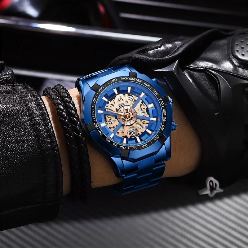 2025 Mens Quartz Watches Top Brand Luxury Stainless Steel Waterproof Hollow Out Blue Big Male Wristwatches Relogio Masculino