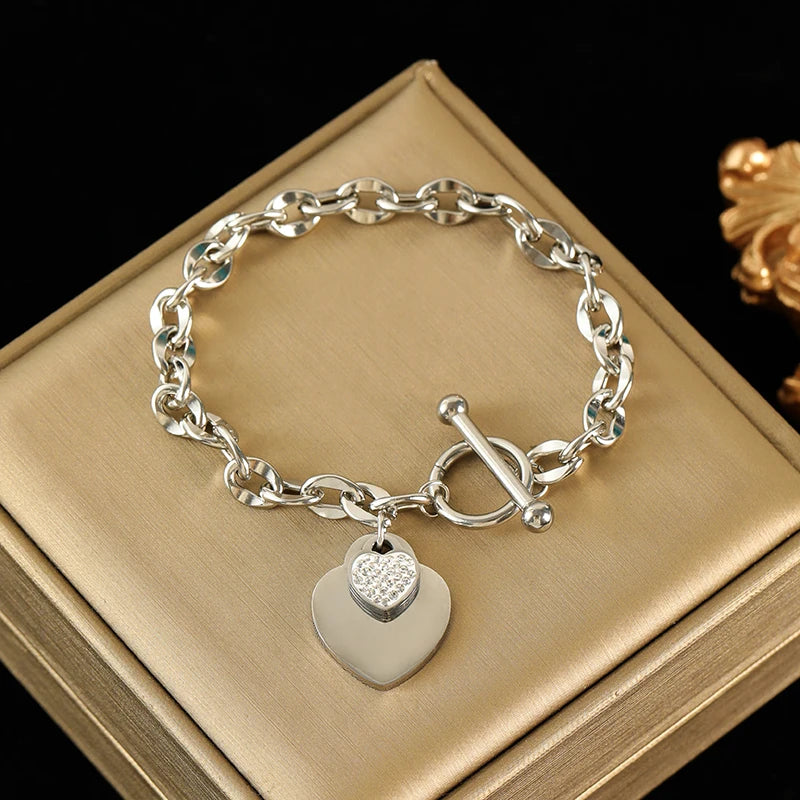 EILIECK New Fashion Stainless Steel Metal Double Heart Necklace Bracelet For Women Fashion Waterproof 3-Color Jewelry Set Gift