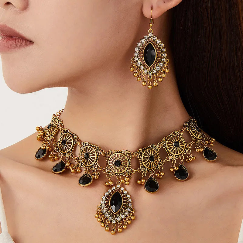 Ethnic Vintage Jewelry Set Resin Stone Jewelry Sets Hollow Metal Water Drop Pendant Necklace Earrings Set For Women Gift Jewelry