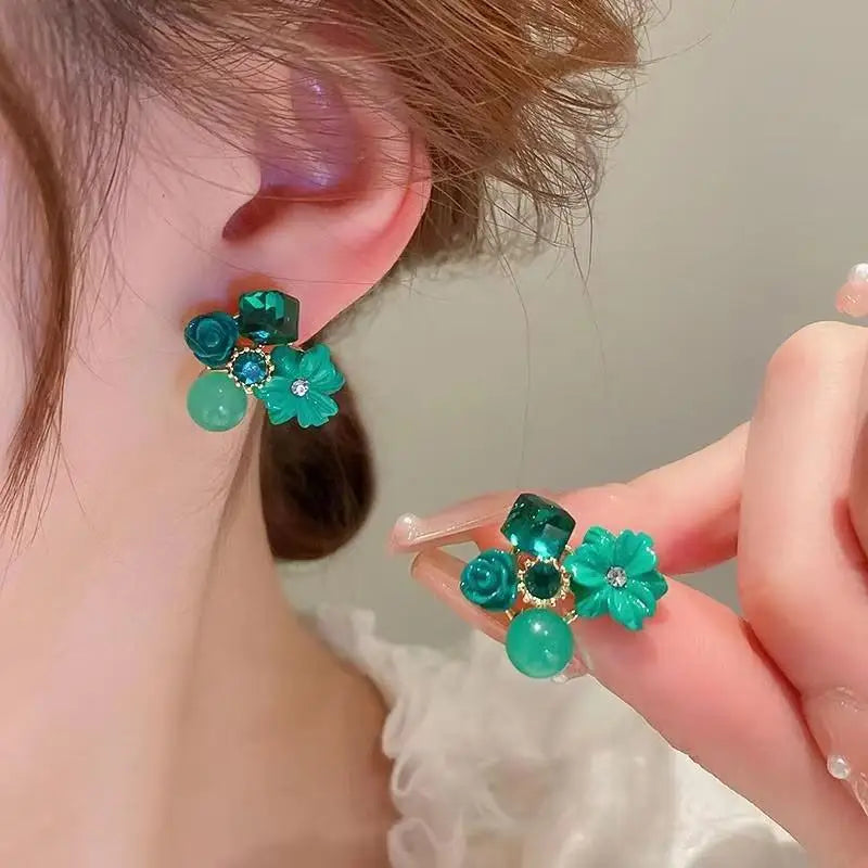 925 Silver Needle Green Flower Earrings For Women Korean Fashion Jewelry 2025 Trending Luxury Zircon Leaf Women's Stud Earrings