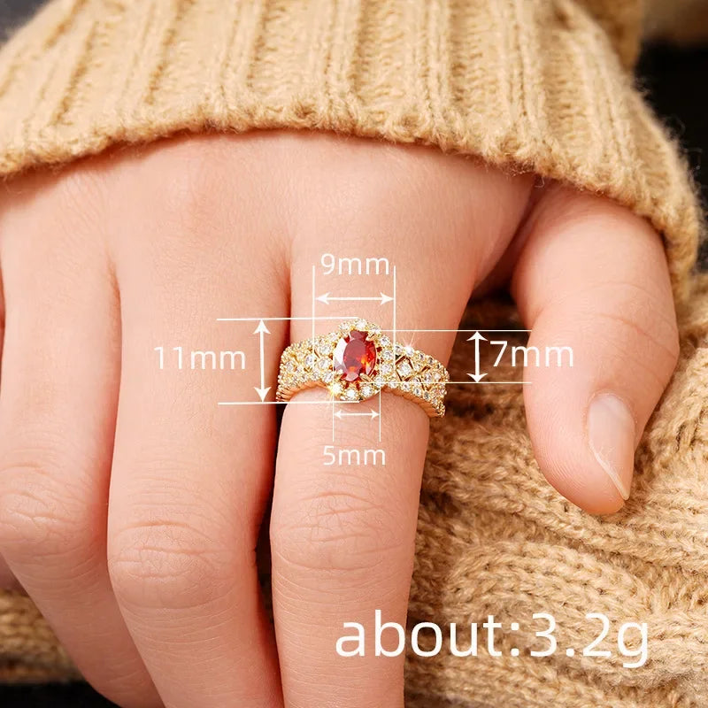 2025 European and American Red Cubic Zirconia Ring, Oval Geometric Fashion Temperament Elegant and Dazzling Jewelry Accessories