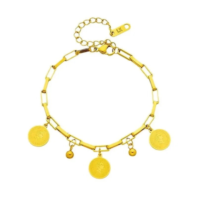 Queen Coin Letter 18K Gold-plated Stainless Steel Bracelet for Women Small Bell Pendant Adjustable Bracelet Classic Jewelry