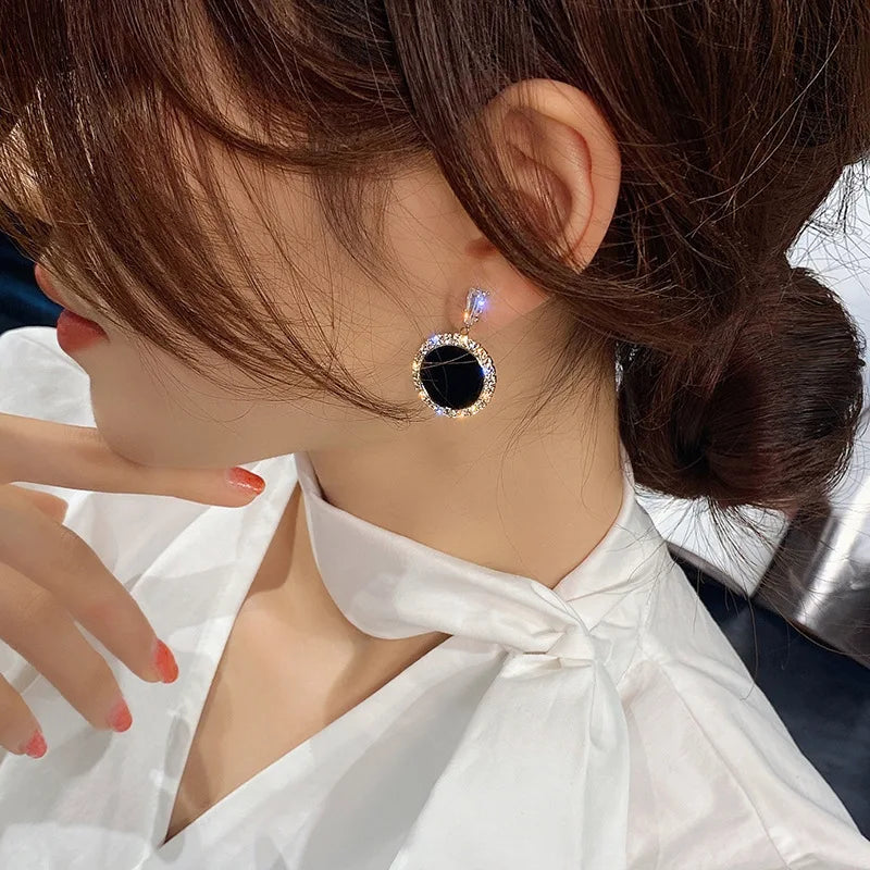 LATS Trend Rhinestone Geometric Drop Earrings for Women Korean Fashion Black Color Dangle Earring 2021 Female Elegant Jewelry