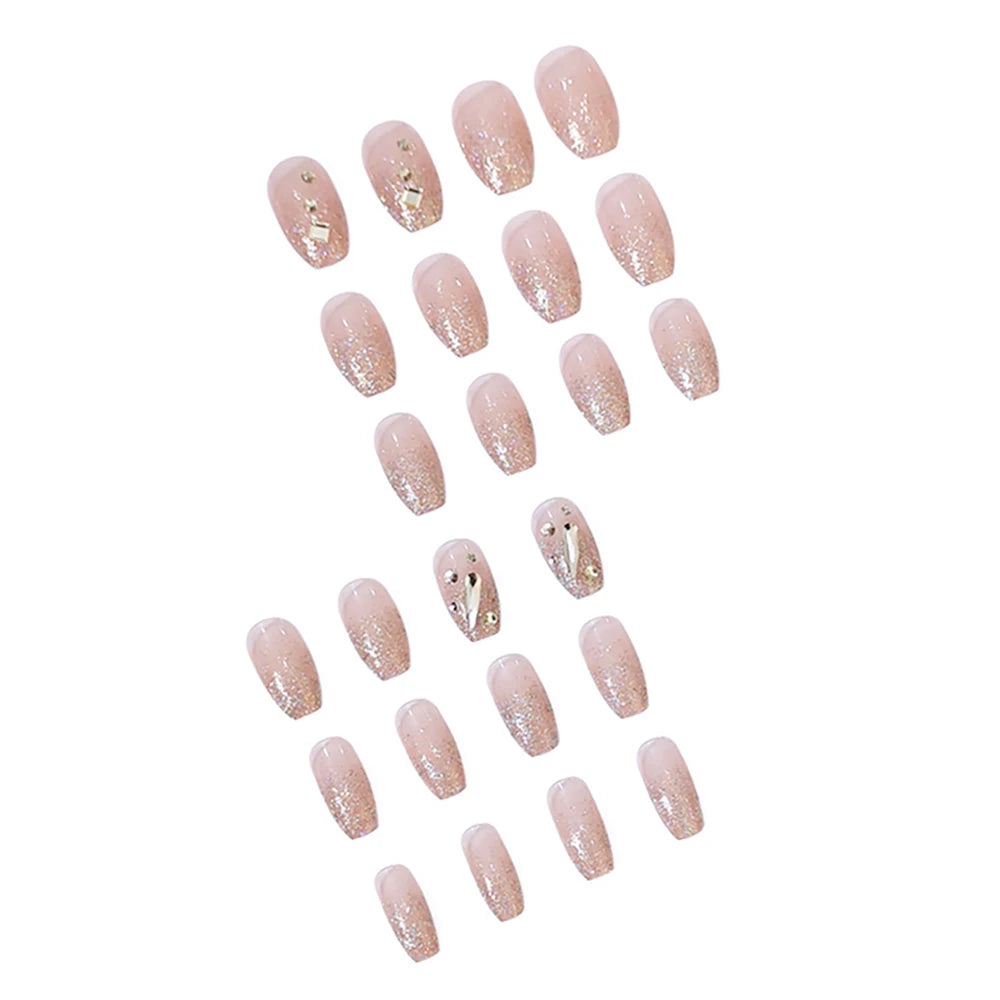 24 Pcs Short Coffin Press On Nails Pink White False Nails with Rhinestone Reusable Fake Nails With Jelly Tab