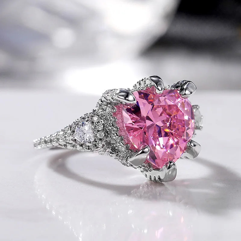 Pink Cubic Zirconia Ring Suitable for Women's Engagement Wedding Luxury Accessories Sparkling Silver Fashion Jewelry