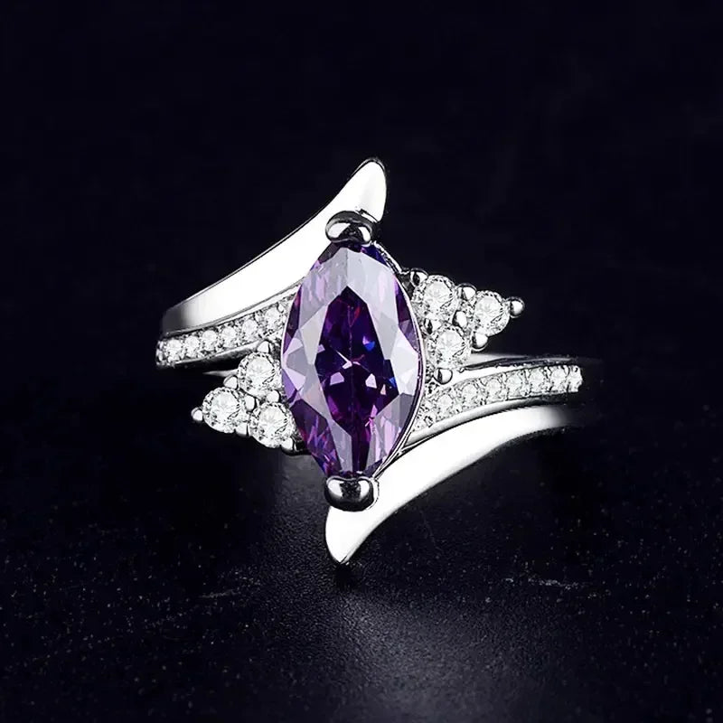 2025 New Purple Cubic Zirconia Ring with Sparkling Square Crystal, High End Women's Personalized Fashion Cocktail Party Jewelry