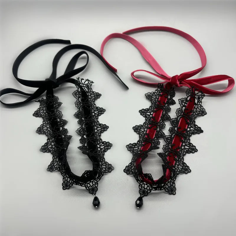 2025 New Sexy Lace Flower Necklace for Women Gothic Punk Velvet Collar Choker Black Waterdrop Pendent Necklace Strap Bow Jewelry