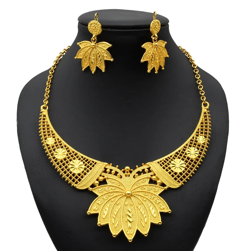 ANIID Luxury Indian Jewelry Sets for Women Party Dubai 24K Gold Color Necklace Set African Wedding Traditional Jewelry Gifts