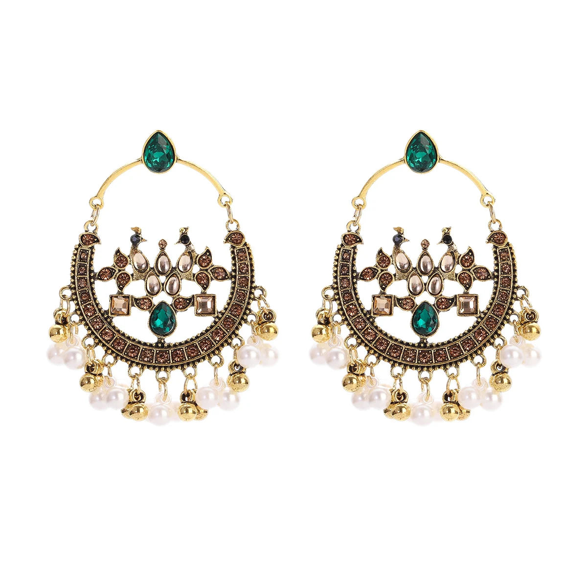 Ethnic Retro Green Sector Carved Turkish Jhumka Earrings For Women Indian Jewelry Pearl Tassel Earrings
