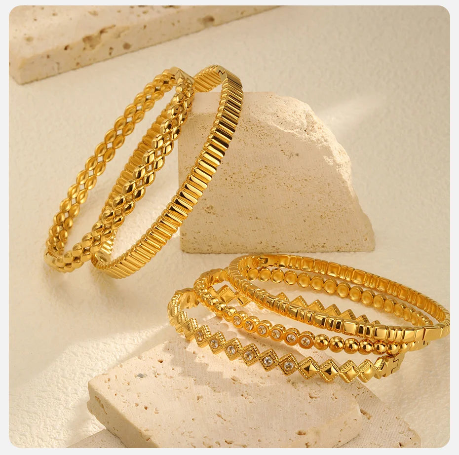 Vnox Romantic Zircon Cuff Bracelet For Women Geometric Fashion Lady Jewelry Stainless Steel Bangles Party Gold Color Never Fade