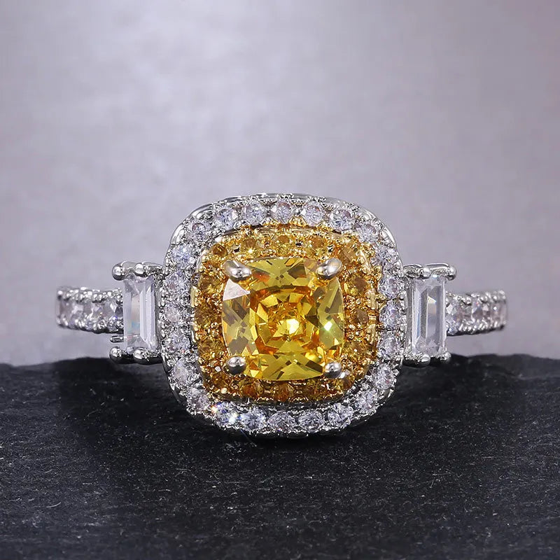 New Elegant Yellow Cubic Zirconia Women Rings Luxury Wedding Anniversary Party Lady's  Accessories Bright Fashion Jewelry