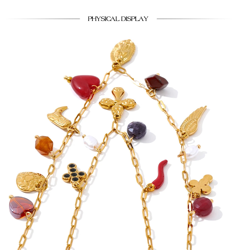 Yhpup Double-Layer Chain Heart Cross Religious Drop Stacking Charm Pendant Necklace 18K Golden Stainless Steel Statement Jewelry