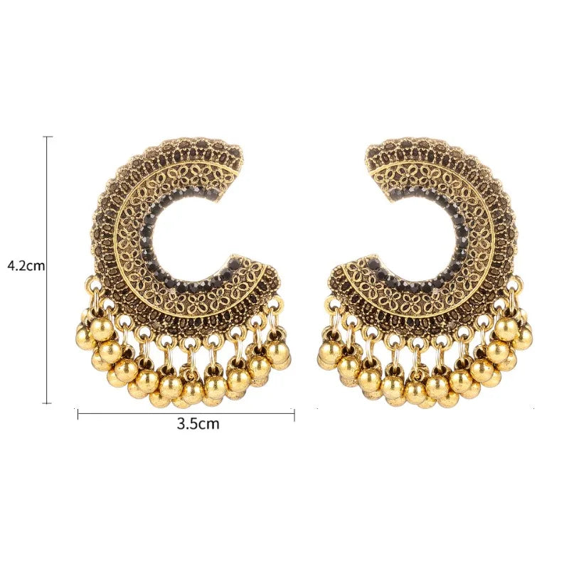 Ethnic Colorful Zircon Indian Jhumka Earrings For Women Pendientes Fashion Jewelry Retro Alloy Tassel Semicircle Ladies Earrings