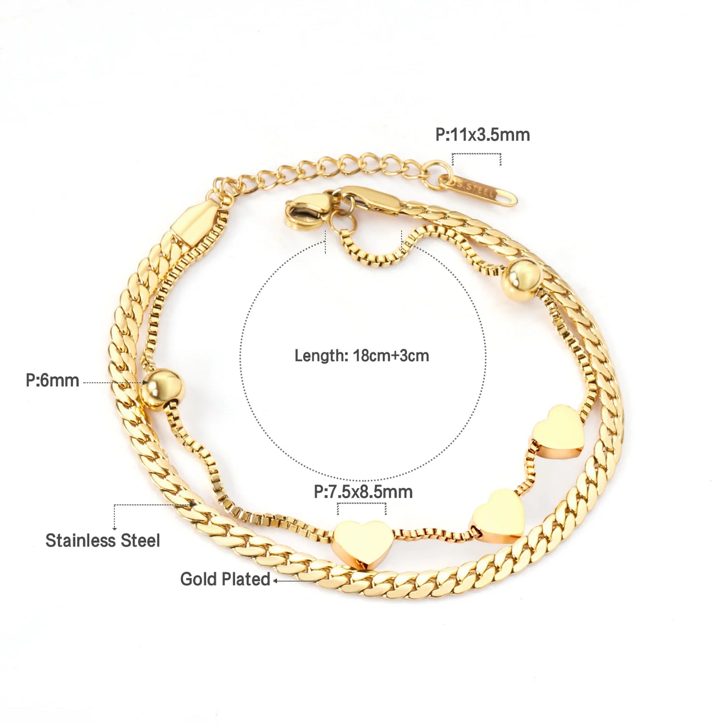 LUXUSTEEL Stainless Steel Heart Coin Charm Bracelet for Women Girl Golden Color Cuban Link Chain Bracelet Jewelry Gift 20cm