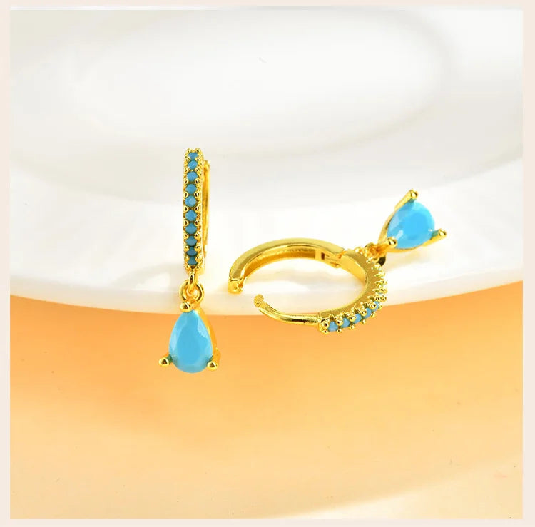 Delicate Cubic Zirconia Drop Earring for Women, Turquoise Droplets