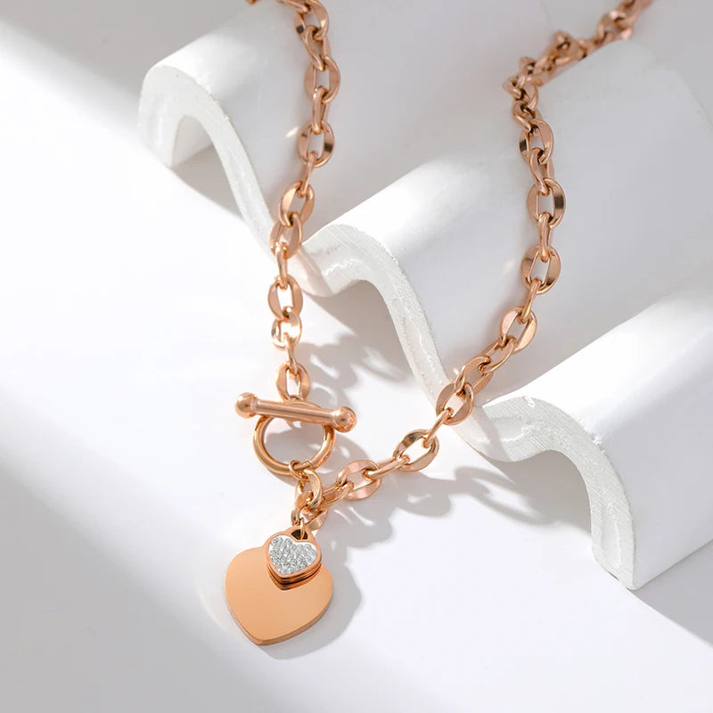 EILIECK New Fashion Stainless Steel Metal Double Heart Necklace Bracelet For Women Fashion Waterproof 3-Color Jewelry Set Gift