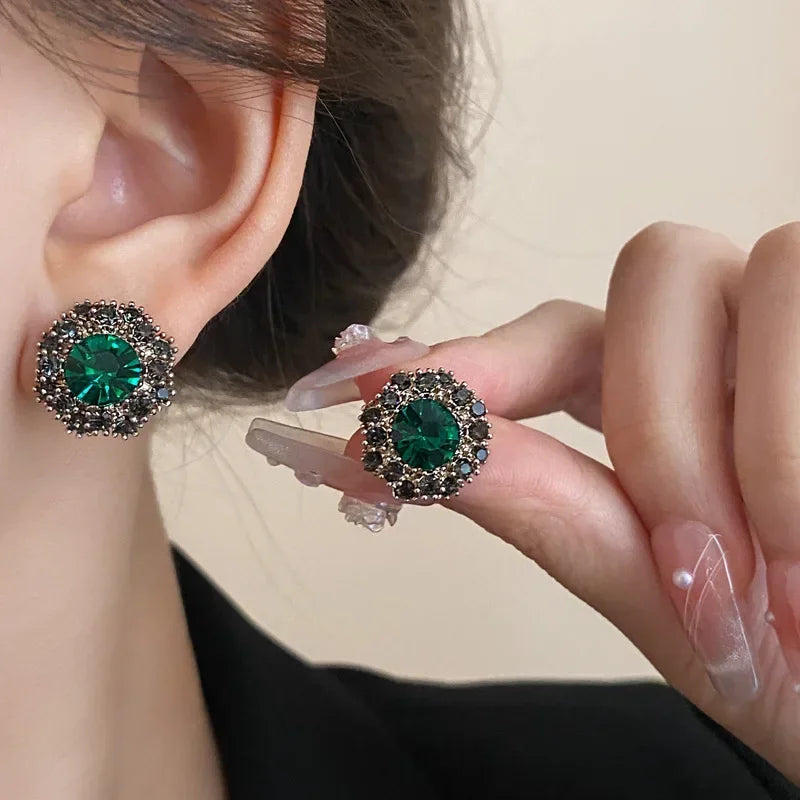 1/4 Pcs French Retro Rhinestones Choker Necklaces for Women Luxury Green Flower Ear Studs Elegant Snape Bracelet Jewelry Sets M