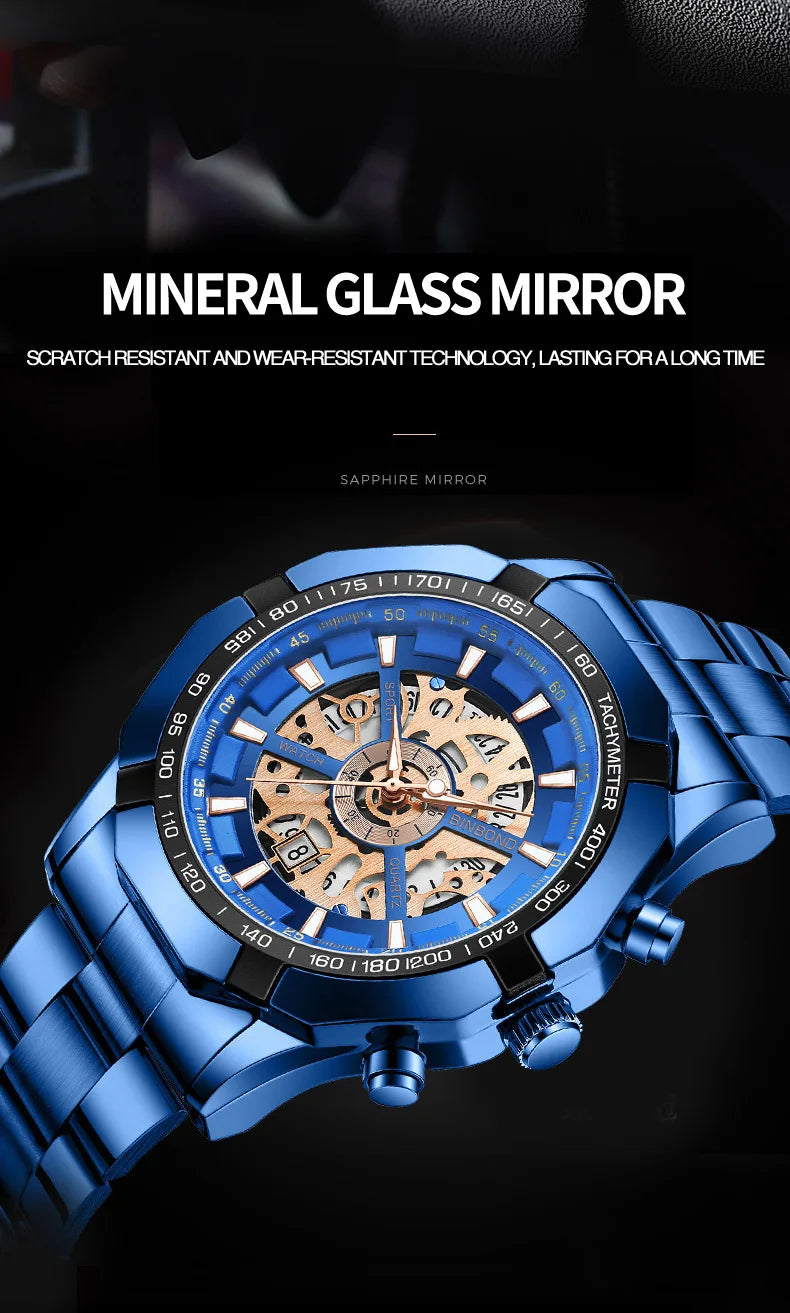 2025 Mens Quartz Watches Top Brand Luxury Stainless Steel Waterproof Hollow Out Blue Big Male Wristwatches Relogio Masculino