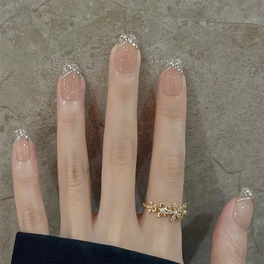 24Pcs Glitter Diamond Press On Nails Sweet Cute Girl Acrylic Nails Full Cover Short Square Fake Nails Wearable Manicure Nail Tip