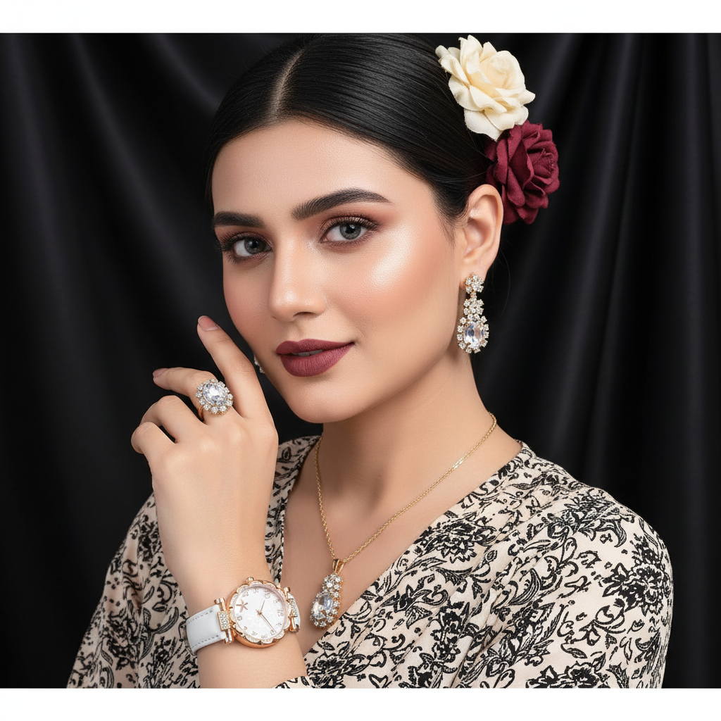 Zenat 5Pcs Set Luxury Rhinestone Watch Quartz Bracelet Set