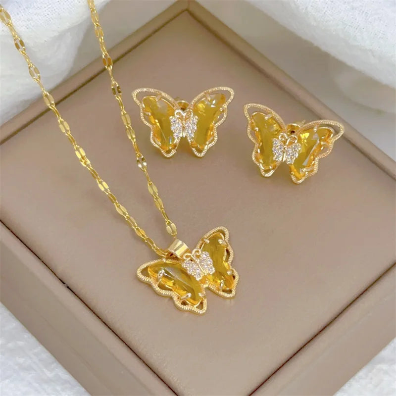 Fashion European and American Cute Micro-inlaid Butterfly Necklace Earrings Set Classic Light Luxury Transparent Stainless Steel