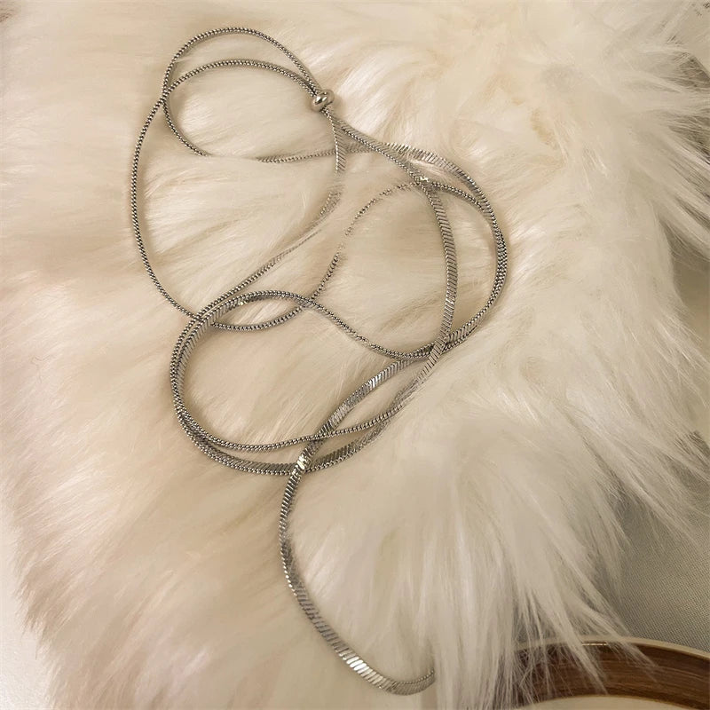 316L Stainless Steel New Fashion Fine Jewelry 134cm Pull Adjusting Charm Flat Snake Chain Choker Necklaces Pendants For Women