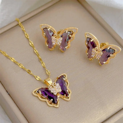 Fashion European and American Cute Micro-inlaid Butterfly Necklace Earrings Set Classic Light Luxury Transparent Stainless Steel