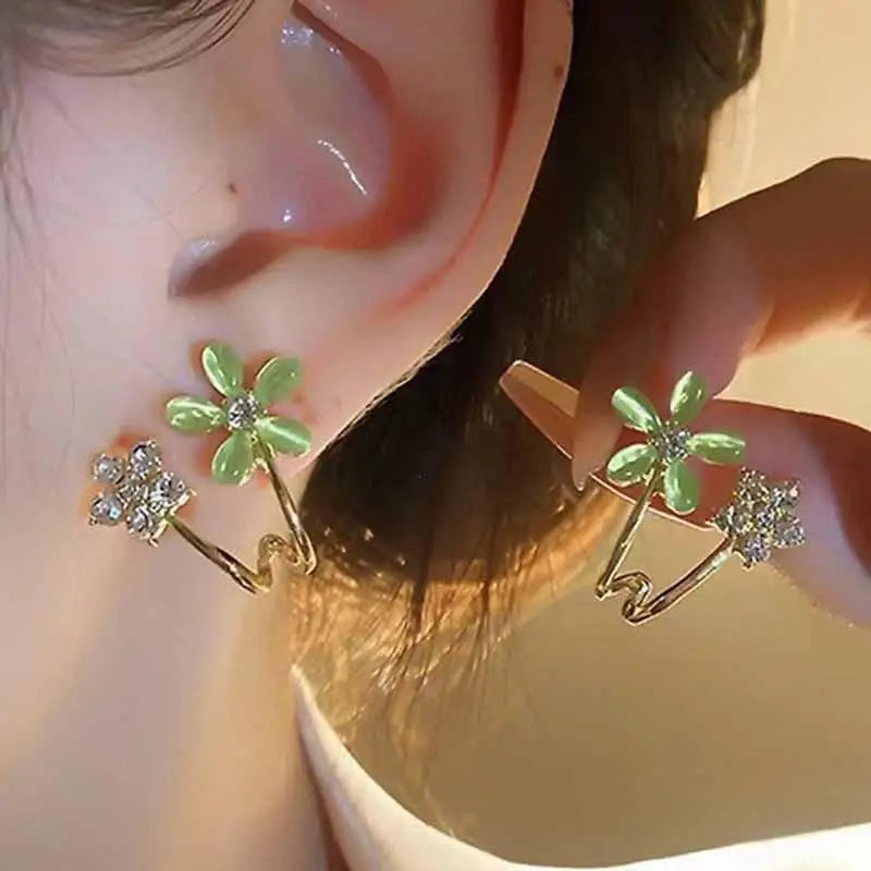 925 Silver Needle Green Flower Earrings For Women Korean Fashion Jewelry 2025 Trending Luxury Zircon Leaf Women's Stud Earrings