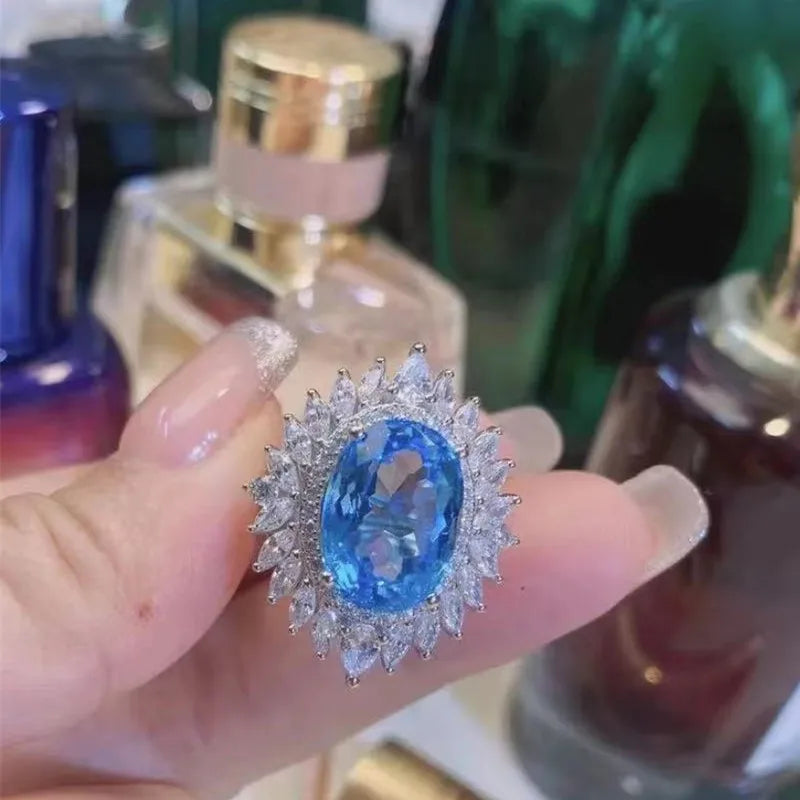 2025 New Fashion Sea Blue Cubic Zirconia Women's Wedding Ring Luxury Engagement Party Elegant   Brilliant Jewelry