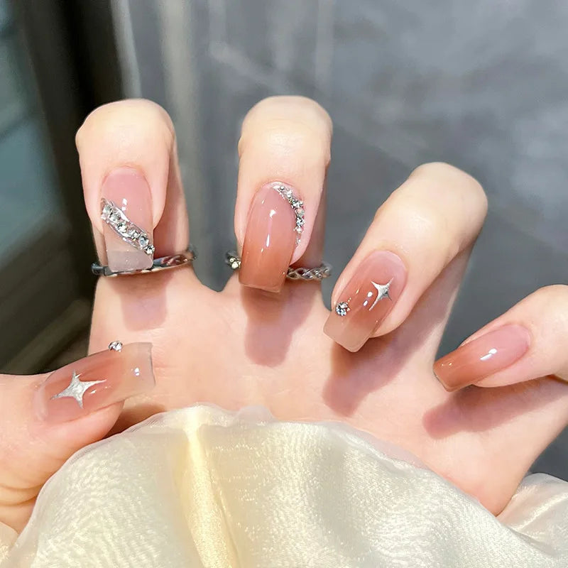 24Pcs Glitter Diamond Press On Nails Sweet Cute Girl Acrylic Nails Full Cover Short Square Fake Nails Wearable Manicure Nail Tip