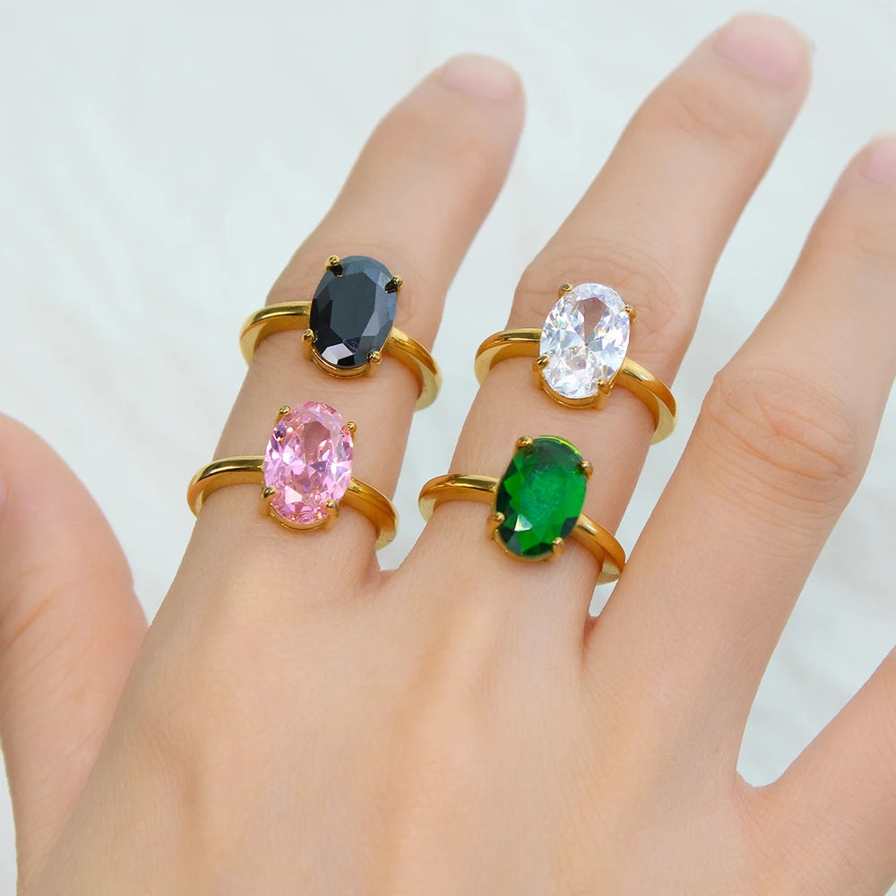 Exquisite Oval AAA Cubic Zirconia Inlaid Stainless Steel Ring Women's Transparent Gem Stone Index Finger Rust Proof Accessories