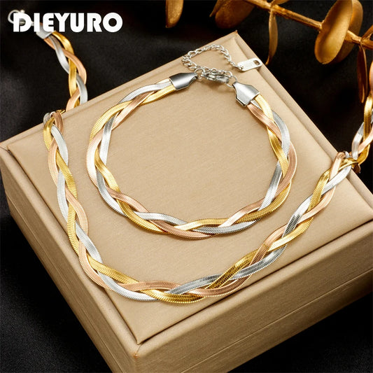DIEYURO 316L Stainless Steel Golden 3in1 Crossover Snake Chain Necklace Bracelet For Womens New Fashion Waterproof Jewelry Set