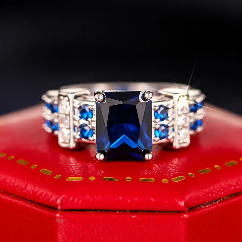 2025 New Blue Cube Zircon Attends Banquet Ring Fashionable, Elegant, High End Women's Bridal Luxury Inlaid Jewelry Accessories