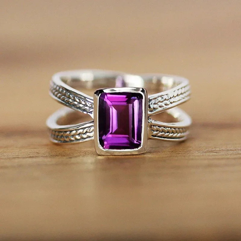 2025 New Purple Cubic Zirconia Ring with Sparkling Square Crystal, High End Women's Personalized Fashion Cocktail Party Jewelry