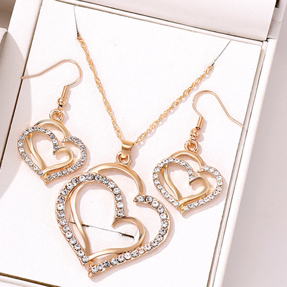4-piece Women Jewelry Set Creative Double Heart Diamond Necklace Necklace Necklace With High-end Feel Earrings Bracelet Jewelry
