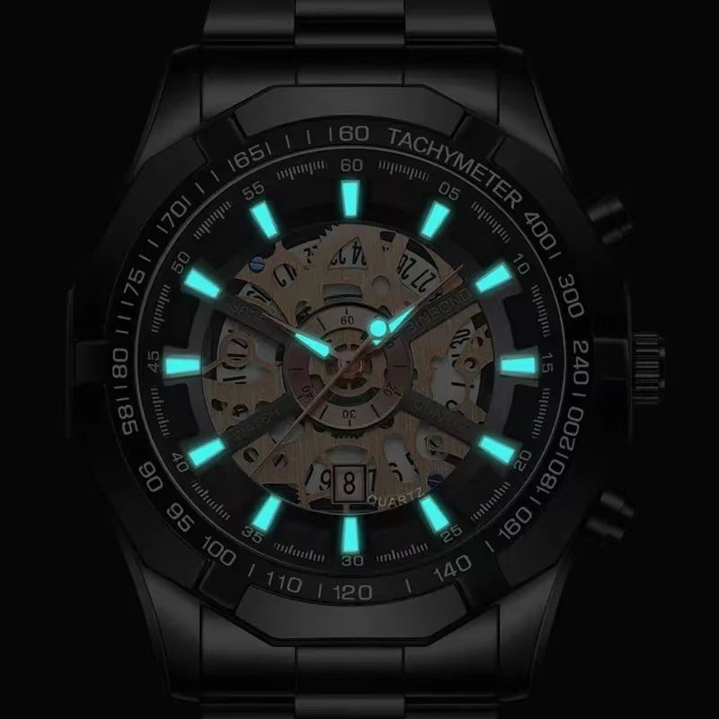 2025 Mens Quartz Watches Top Brand Luxury Stainless Steel Waterproof Hollow Out Blue Big Male Wristwatches Relogio Masculino