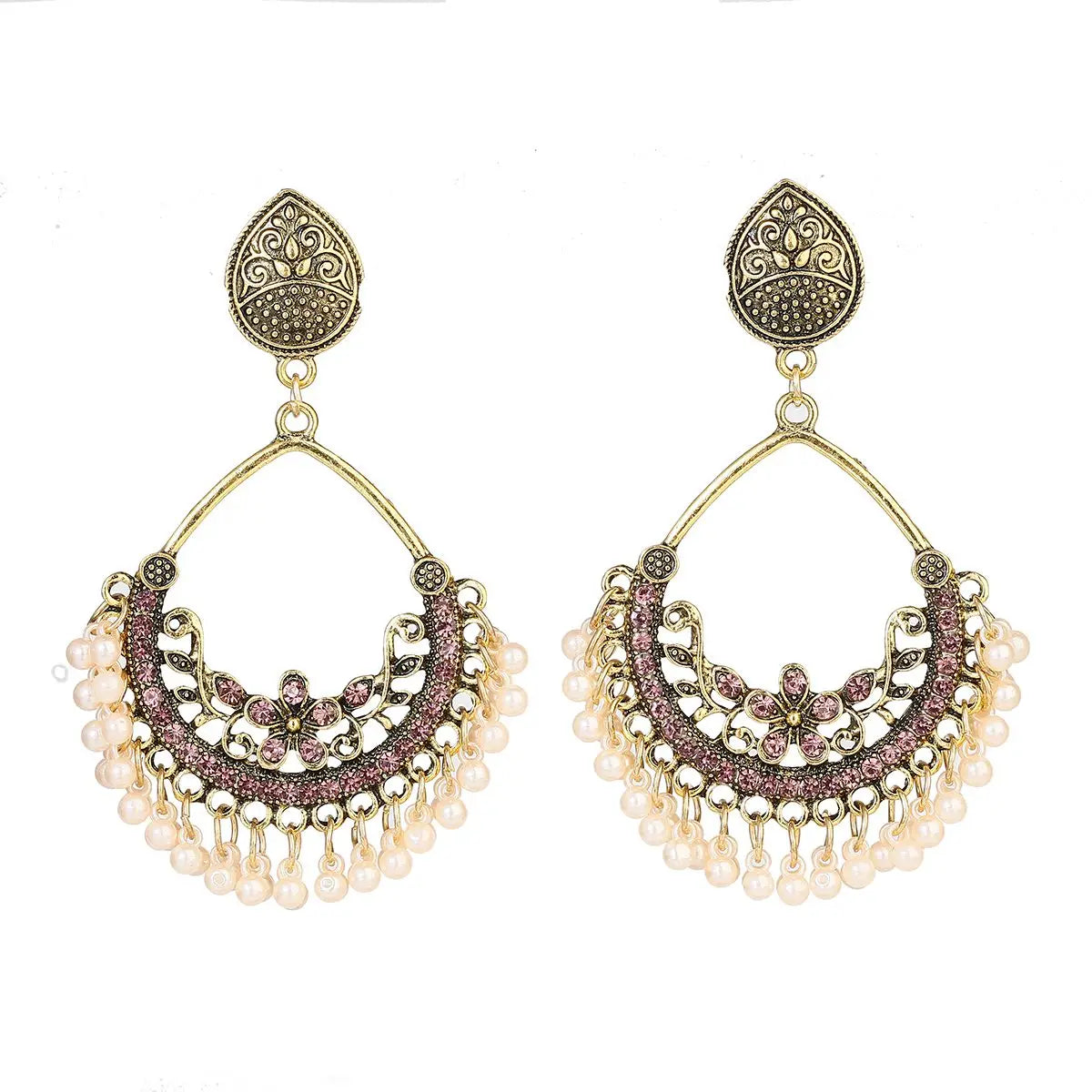 Ethnic Retro Green Sector Carved Turkish Jhumka Earrings For Women Indian Jewelry Pearl Tassel Earrings