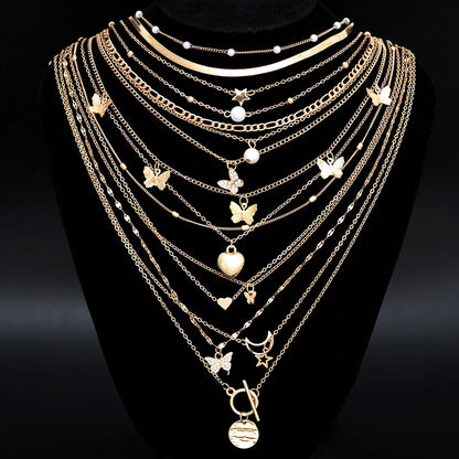 Simple Stackable Necklaces Set for Women Fashion Butterfly Heart Star Pearl Moon Pendant Necklaces Boho Jewelry Gifts 2025