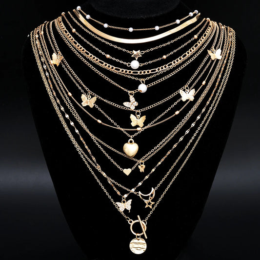 Simple Stackable Necklaces Set for Women Fashion Butterfly Heart Star Pearl Moon Pendant Necklaces Boho Jewelry Gifts 2025