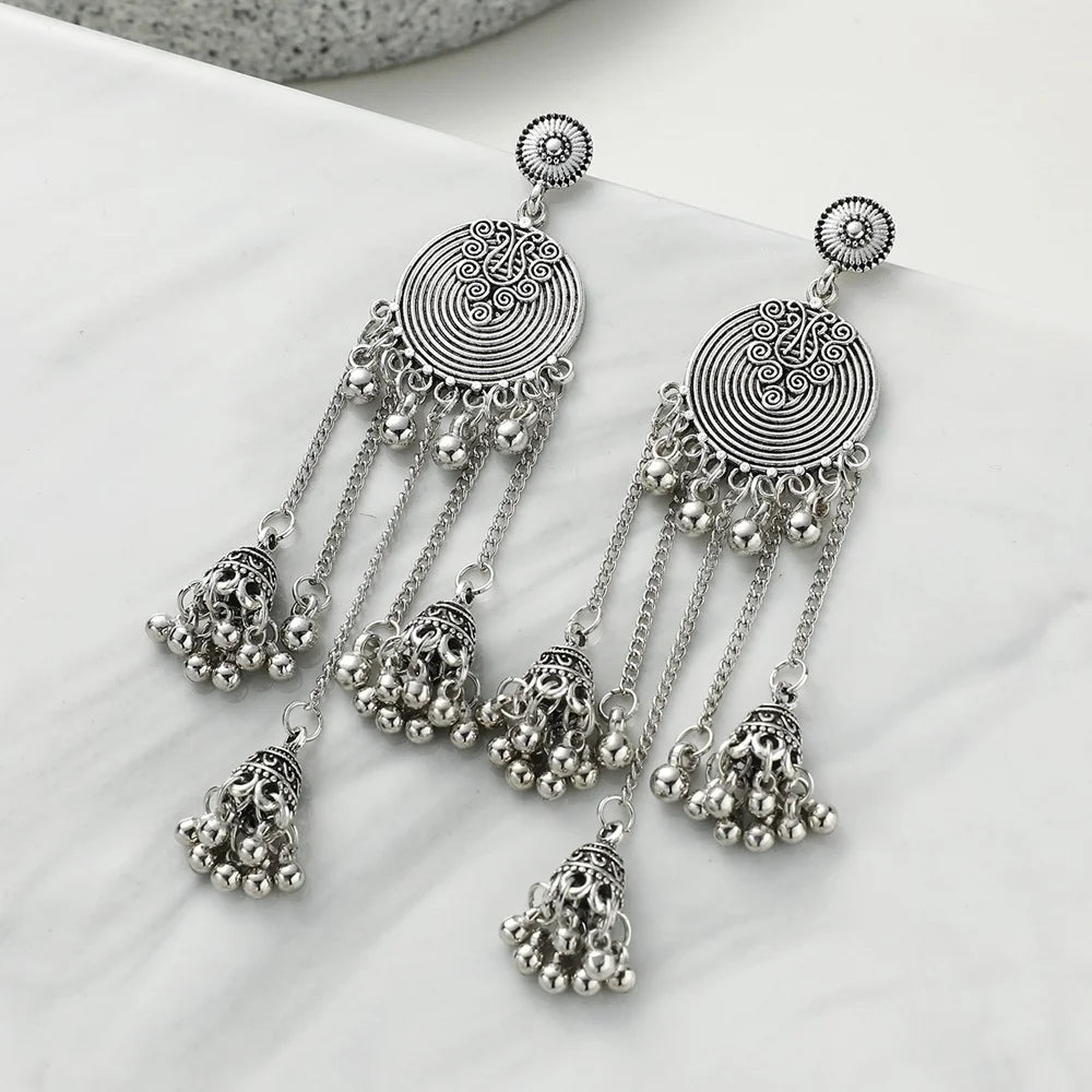 Ethnic Style Retro Geometric Round Bead Bells Tassel Long Dangling Earrings Women Indian Jhumka Jewelry